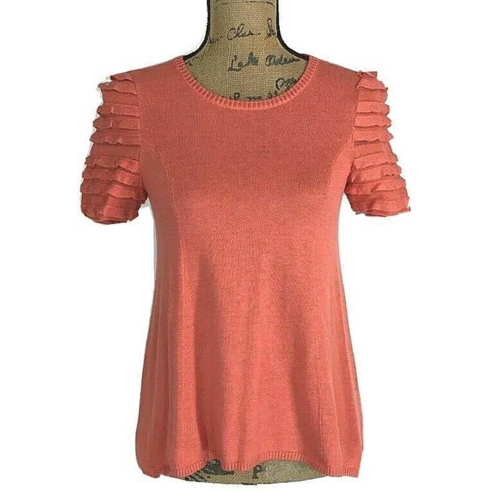 KNITTED KNOTTED Sweater XS Silk Bl Peach Tier Short Sl Hi‎ Lo Top Anthropologie